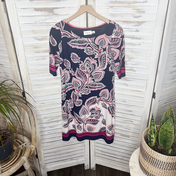 Eliza J Bold Floral Print Knee Length Shift Dress Navy 6 Elbow Sleeves 6 Bandana - Picture 6 of 15